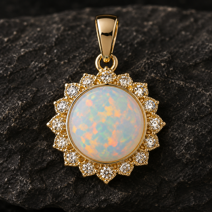 Gold Plated Sterling Silver Sunburst Opal Pendant, Round Cabochon Charm