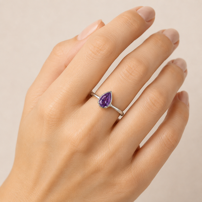 Pear Cut Amethyst Ring, 925 Sterling Silver Purple Gemstone Ring, Minimalist Teardrop Ring, February Birthstone Gift for Her