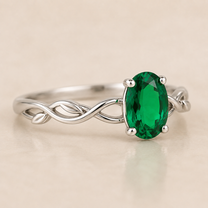 Lab Created Emerald Vine Ring, Oval Green Gemstone Ring, 925 Sterling Silver Leaf Ring, Nature Inspired Engagement Ring, Gift for Her