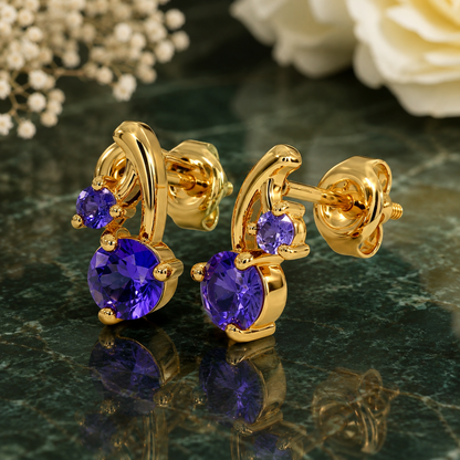 Tanzanite Cherry Stud Earrings, 14K 18K 20K Gold Earrings, Blue Purple Gemstone Earrings, Leaf Design Earrings, Gift For Her
