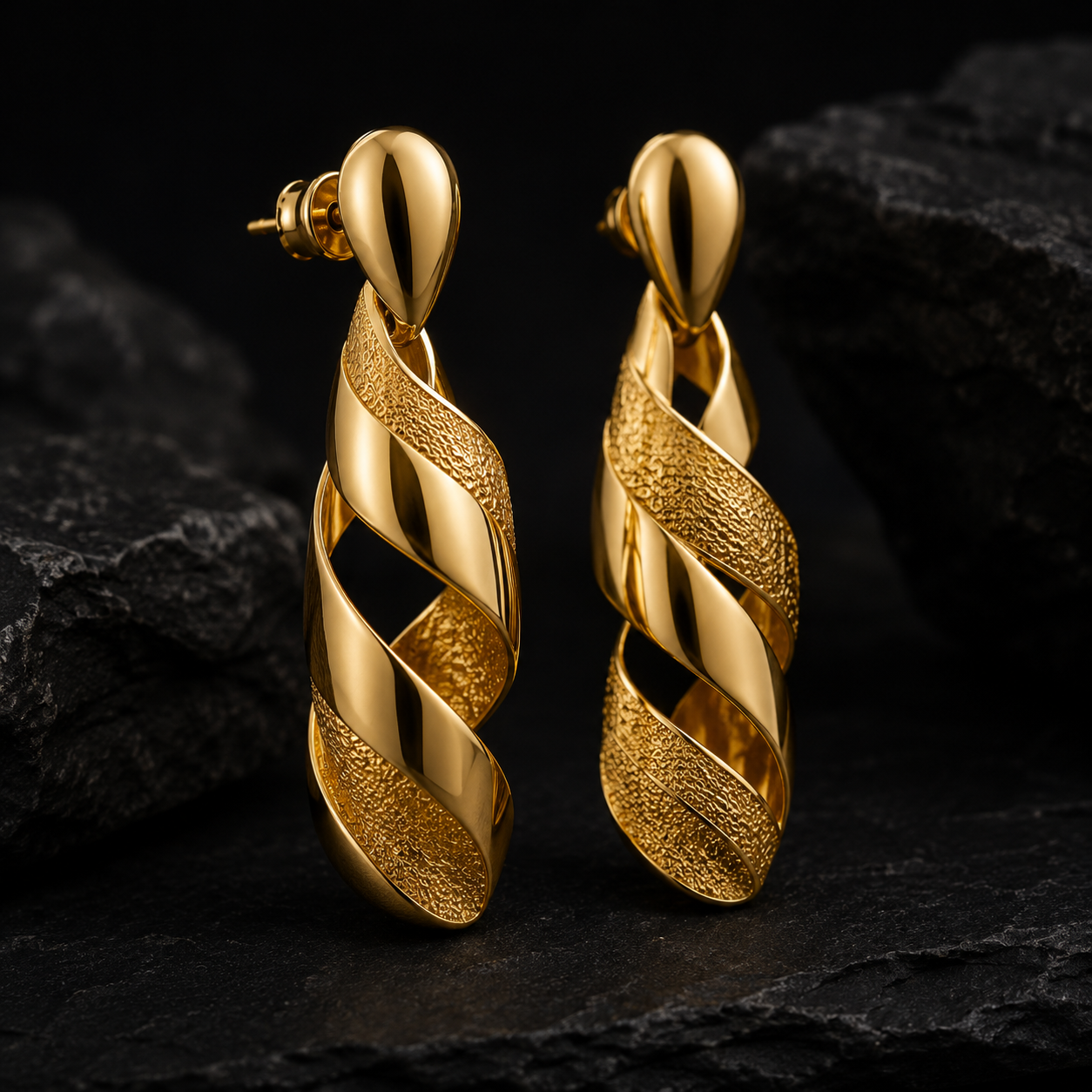 Gold Twist Drop Earrings, 14K 18K 20K Gold Earrings, Minimal Statement Earrings, Textured Ribbon Dangle Earrings, Gift For Her