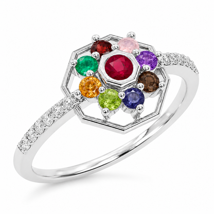 Navratna Ring With Nine Gemstones, Ruby Emerald Peridot Garnet Ring, Colorful Cluster Ring, Unique Statement Ring, Gift for Her