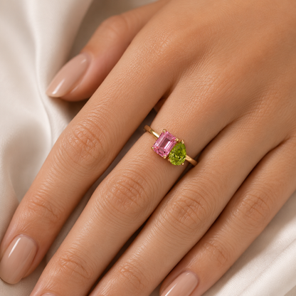 Natural Pink & Green Tourmaline Ring, 925 Sterling Silver Toi et Moi Ring, Two Stone Birthstone Ring, October Gift for Her