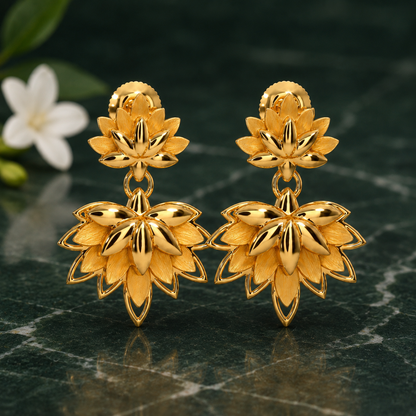 Lotus Flower Gold Earrings, Floral Dangle Earrings, 14K 18K 20K Gold Earrings, Botanical Drop Earrings, Handmade Statement Jewelry