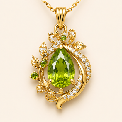 Peridot Pendant, Pear Cut Green Gemstone Pendant,14K 18K 20K Gold Floral Vine Gold Pendant, Nature Inspired Jewelry, Gift for Her
