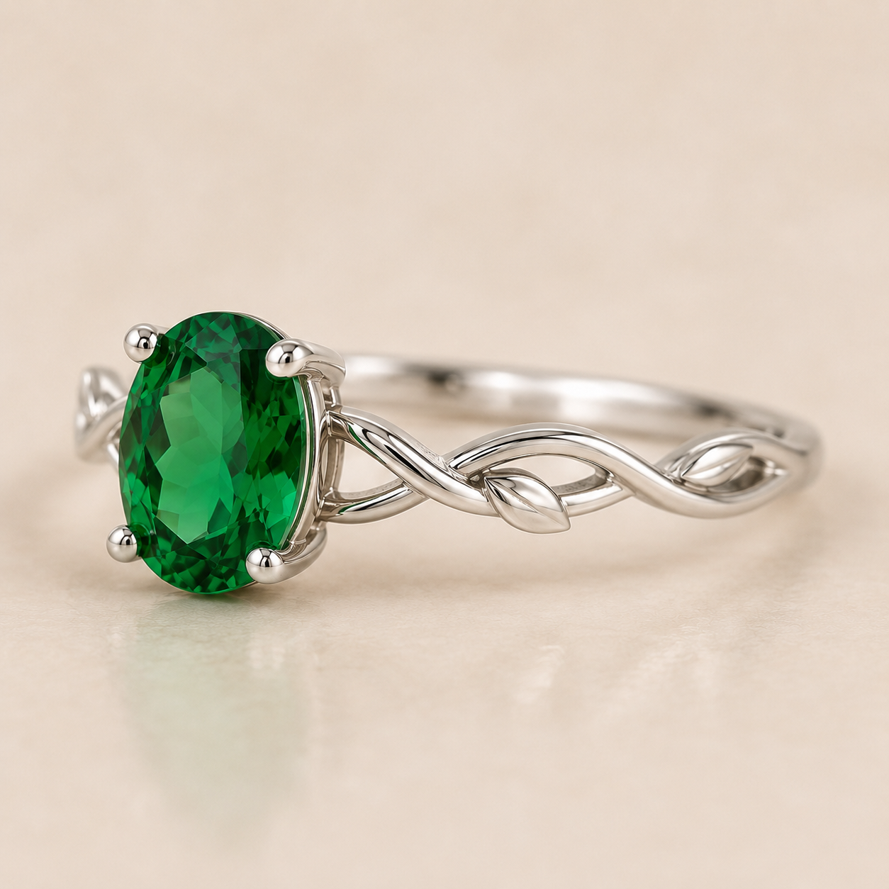 Lab Created Emerald Vine Ring, Oval Green Gemstone Ring, 925 Sterling Silver Leaf Ring, Nature Inspired Engagement Ring, Gift for Her