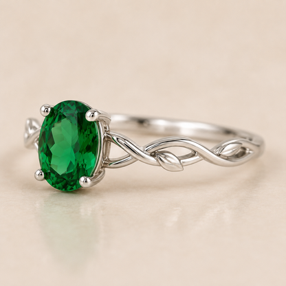 Lab Created Emerald Vine Ring, Oval Green Gemstone Ring, 925 Sterling Silver Leaf Ring, Nature Inspired Engagement Ring, Gift for Her