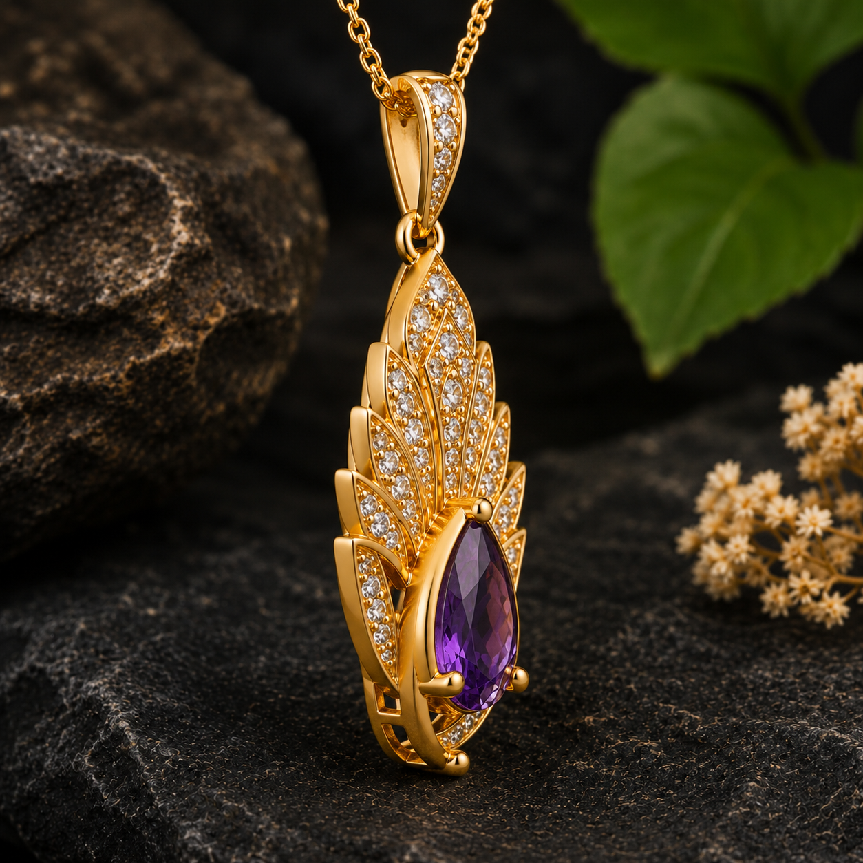 Amethyst Moissanite Pendant, 14K 18K 20K Gold Pendant, Purple Pear Gemstone Necklace, Luxury Floral Pendant Gift For Her
