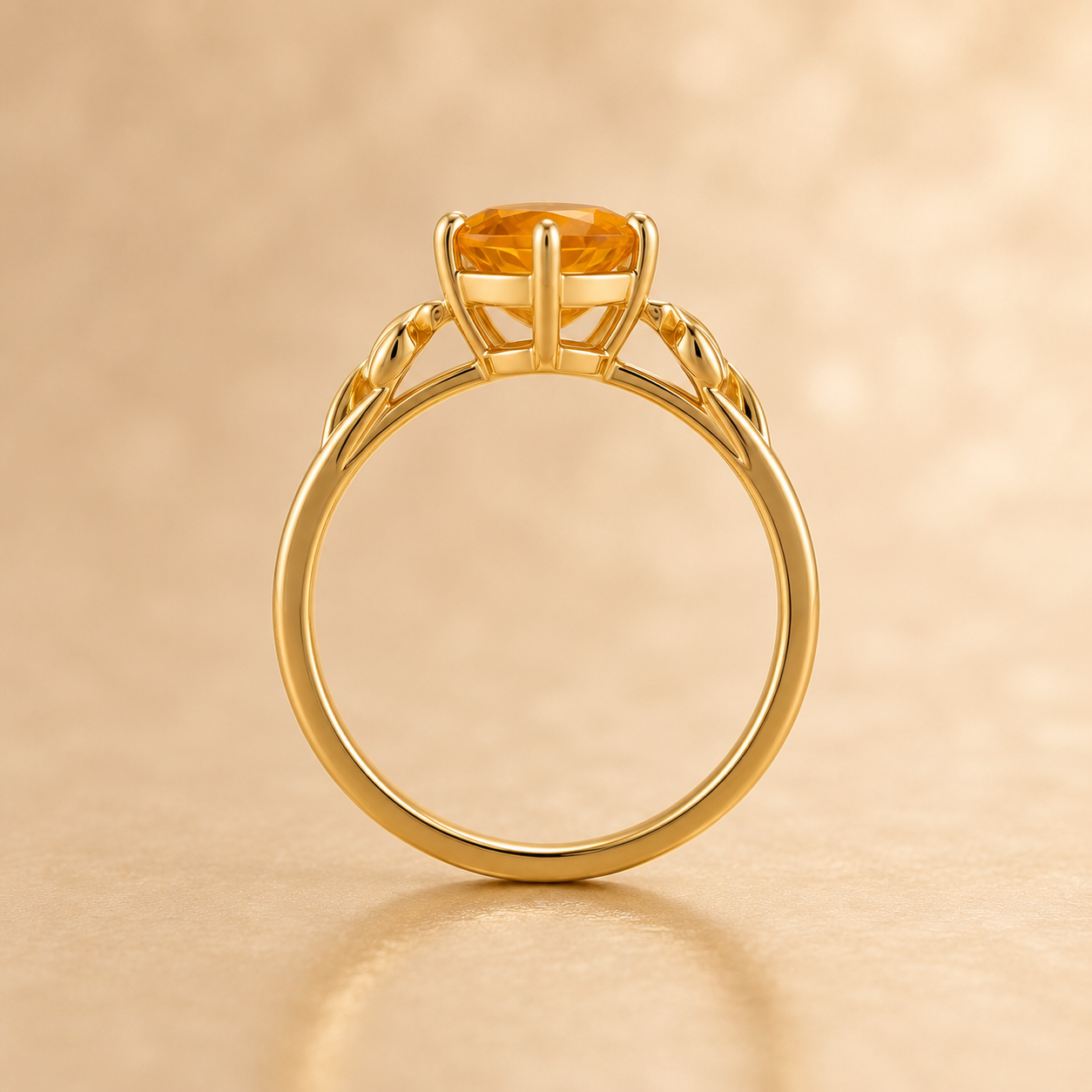 Natural Citrine Ring, 925 Sterling Silver Leaf Ring, Round Yellow Gemstone Ring, November Birthstone Gift for Her