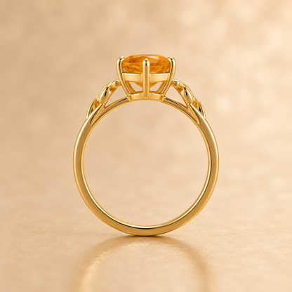Natural Citrine Ring, 925 Sterling Silver Leaf Ring, Round Yellow Gemstone Ring, November Birthstone Gift for Her