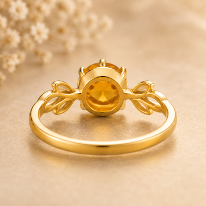 Natural Citrine Ring, 925 Sterling Silver Leaf Ring, Round Yellow Gemstone Ring, November Birthstone Gift for Her