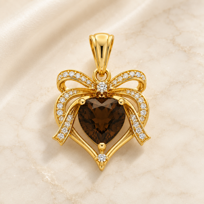 Heart Smoky Quartz Pendant, 14K 18K 20K Gold Pendant, Bow Design Gold Necklace, Brown Gemstone Pendant, Romantic Gift For Her