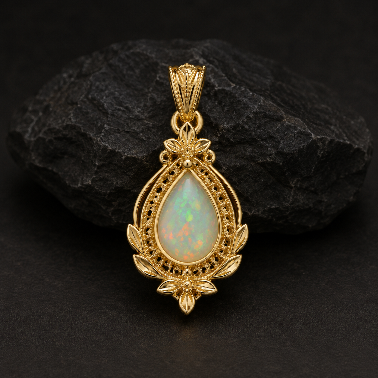 Pear Opal Pendant, 14K 18K 20K Gold Pendant, Opal Gemstone Necklace, Vintage Gold Pendant, October Birthstone Gift For Her