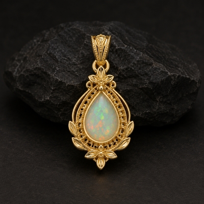 Pear Opal Pendant, 14K 18K 20K Gold Pendant, Opal Gemstone Necklace, Vintage Gold Pendant, October Birthstone Gift For Her