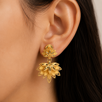 Lotus Flower Gold Earrings, Floral Dangle Earrings, 14K 18K 20K Gold Earrings, Botanical Drop Earrings, Handmade Statement Jewelry