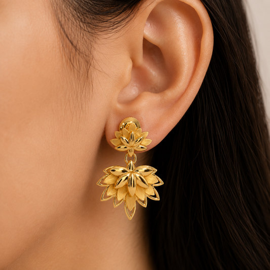 Lotus Flower Gold Earrings, Floral Dangle Earrings, 14K 18K 20K Gold Earrings, Botanical Drop Earrings, Handmade Statement Jewelry