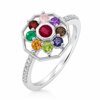 Navratna Ring With Nine Gemstones, Ruby Emerald Peridot Garnet Ring, Colorful Cluster Ring, Unique Statement Ring, Gift for Her