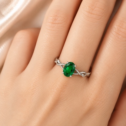 Lab Created Emerald Vine Ring, Oval Green Gemstone Ring, 925 Sterling Silver Leaf Ring, Nature Inspired Engagement Ring, Gift for Her