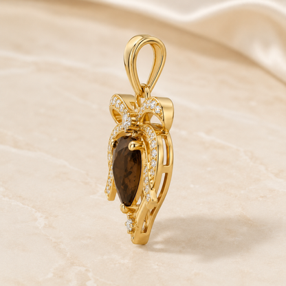 Heart Smoky Quartz Pendant, 14K 18K 20K Gold Pendant, Bow Design Gold Necklace, Brown Gemstone Pendant, Romantic Gift For Her