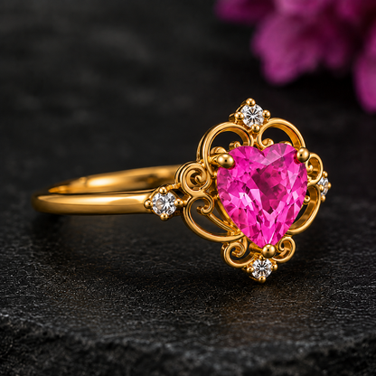 Heart Pink Tourmaline Ring, 14K 18K 20K Gold Ring, Pink Gemstone Ring, Vintage Heart Ring, Romantic Promise Ring, Gift For Her