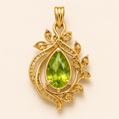 Peridot Pendant, Pear Cut Green Gemstone Pendant,14K 18K 20K Gold Floral Vine Gold Pendant, Nature Inspired Jewelry, Gift for Her