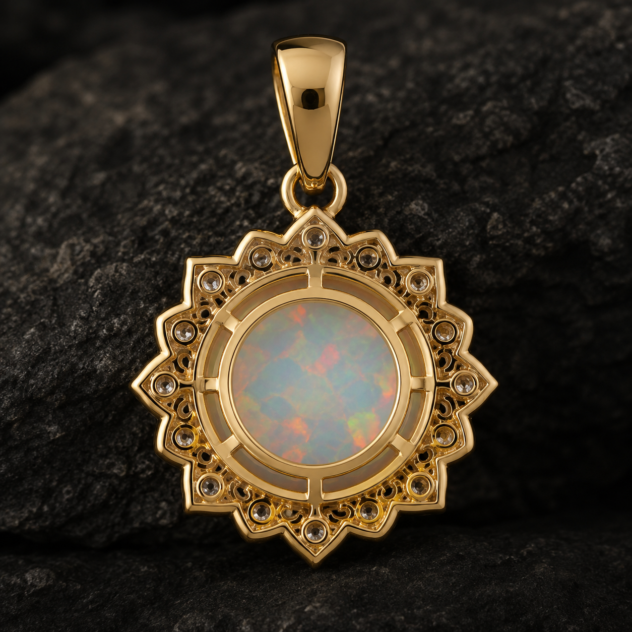 Gold Plated Sterling Silver Sunburst Opal Pendant, Round Cabochon Charm