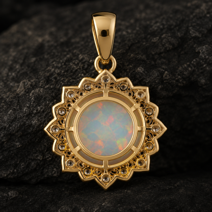 Gold Plated Sterling Silver Sunburst Opal Pendant, Round Cabochon Charm