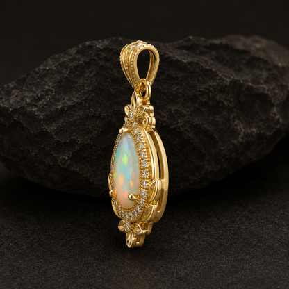 Pear Opal Pendant, 14K 18K 20K Gold Pendant, Opal Gemstone Necklace, Vintage Gold Pendant, October Birthstone Gift For Her