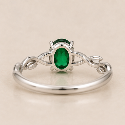 Lab Created Emerald Vine Ring, Oval Green Gemstone Ring, 925 Sterling Silver Leaf Ring, Nature Inspired Engagement Ring, Gift for Her