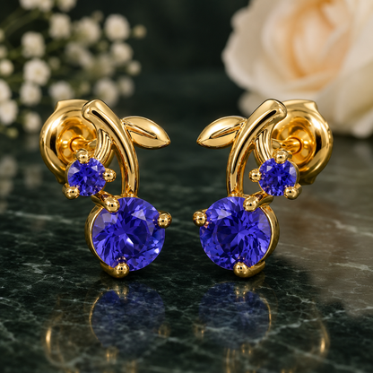 Tanzanite Cherry Stud Earrings, 14K 18K 20K Gold Earrings, Blue Purple Gemstone Earrings, Leaf Design Earrings, Gift For Her
