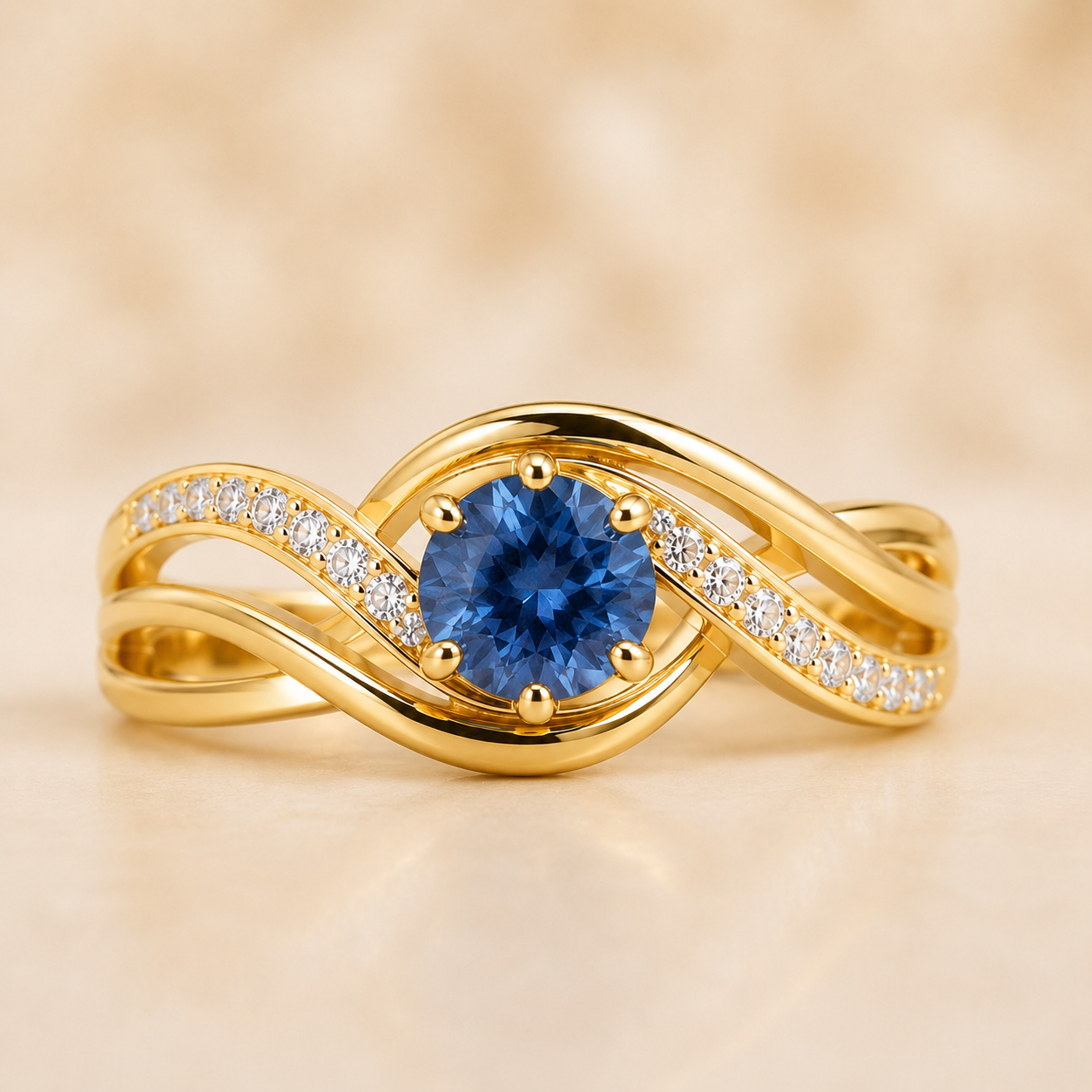 Blue Sapphire Diamond Ring, 14K 18K 20K Gold Ring, Round Sapphire Engagement Ring, Diamond Side Stone Ring, Gift For Her