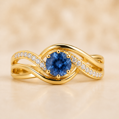 Blue Sapphire Diamond Ring, 14K 18K 20K Gold Ring, Round Sapphire Engagement Ring, Diamond Side Stone Ring, Gift For Her