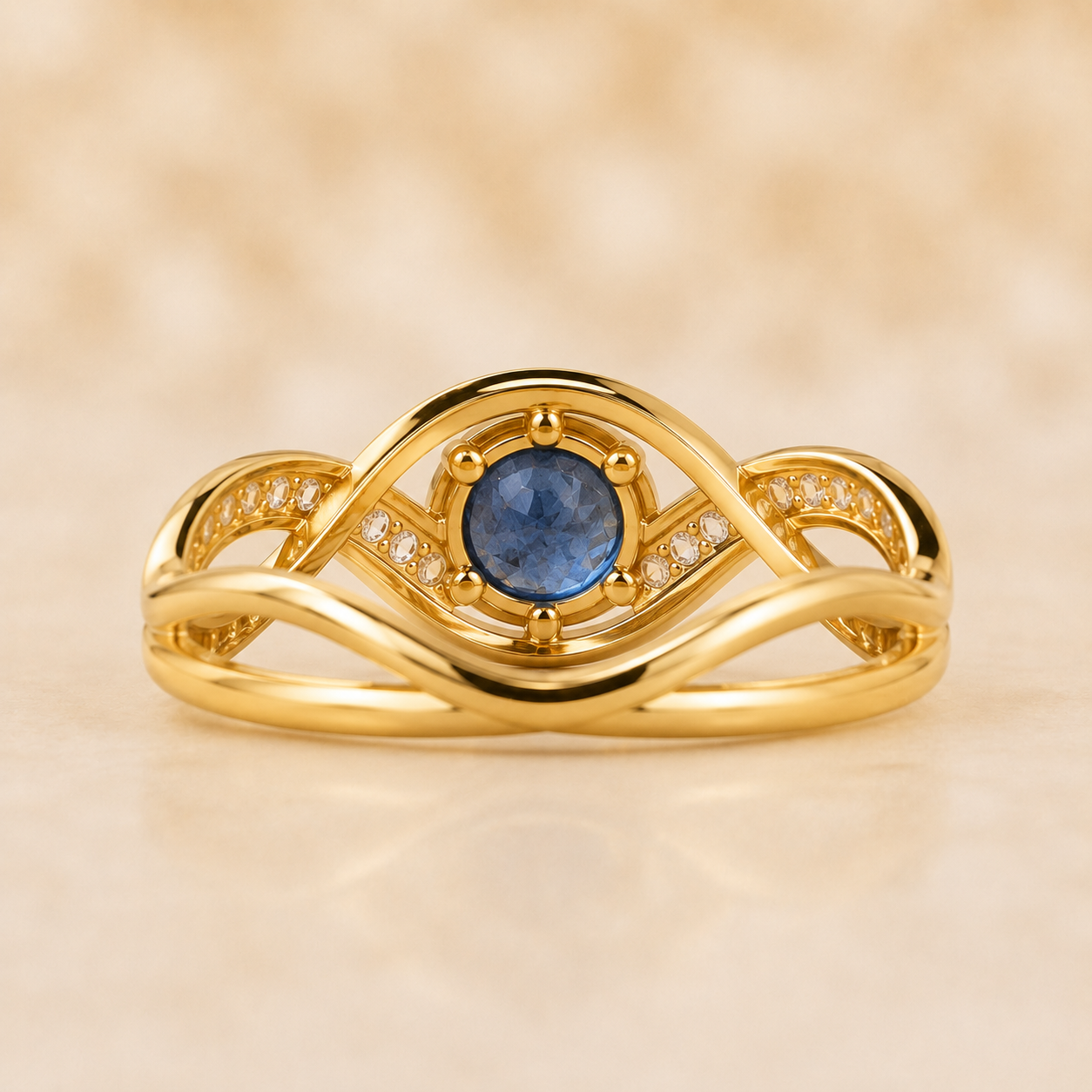 Blue Sapphire Diamond Ring, 14K 18K 20K Gold Ring, Round Sapphire Engagement Ring, Diamond Side Stone Ring, Gift For Her