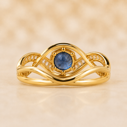 Blue Sapphire Diamond Ring, 14K 18K 20K Gold Ring, Round Sapphire Engagement Ring, Diamond Side Stone Ring, Gift For Her