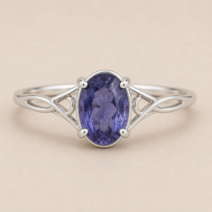 Natural Iolite Ring, 925 Sterling Silver Oval Gemstone Ring, Celtic Vine Ring, Purple Blue Statement Ring, Gift for Her