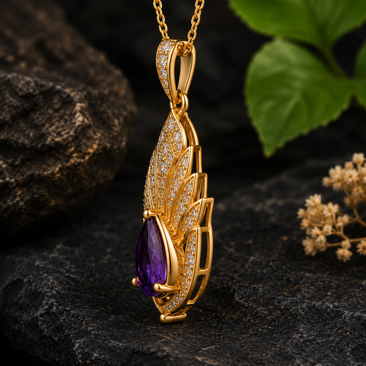 Amethyst Moissanite Pendant, 14K 18K 20K Gold Pendant, Purple Pear Gemstone Necklace, Luxury Floral Pendant Gift For Her