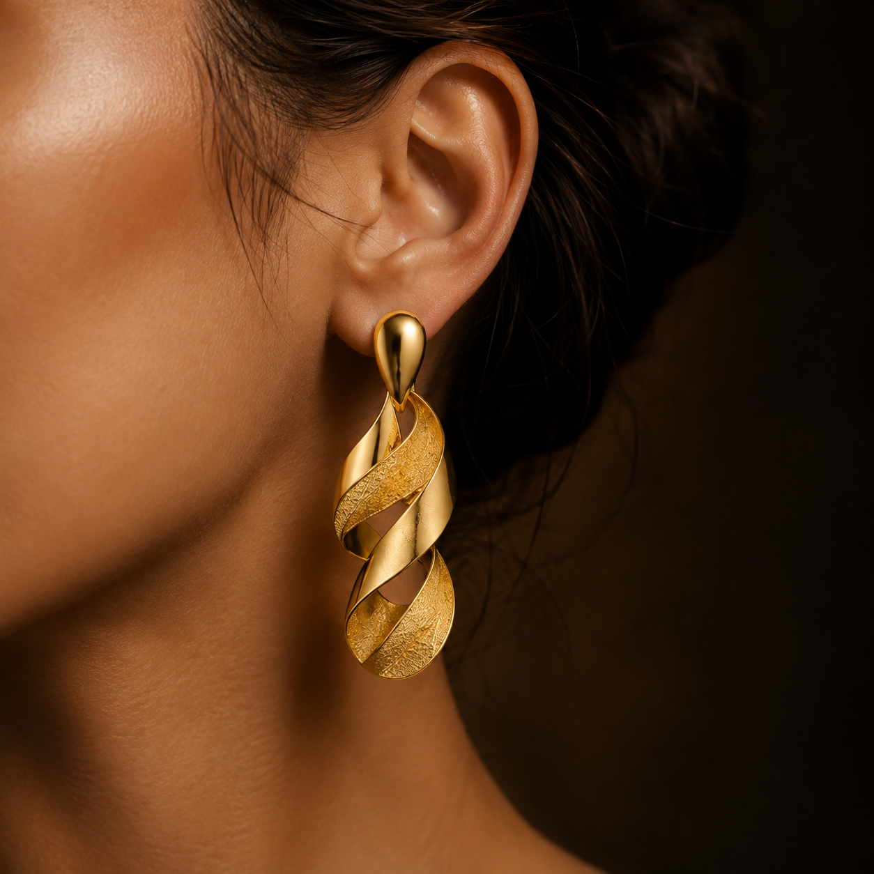 Gold Twist Drop Earrings, 14K 18K 20K Gold Earrings, Minimal Statement Earrings, Textured Ribbon Dangle Earrings, Gift For Her