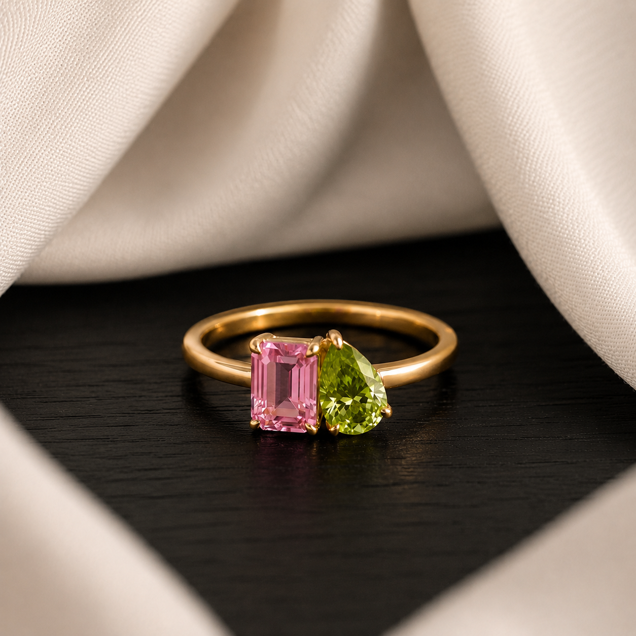 Natural Pink & Green Tourmaline Ring, 925 Sterling Silver Toi et Moi Ring, Two Stone Birthstone Ring, October Gift for Her