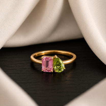 Natural Pink & Green Tourmaline Ring, 925 Sterling Silver Toi et Moi Ring, Two Stone Birthstone Ring, October Gift for Her