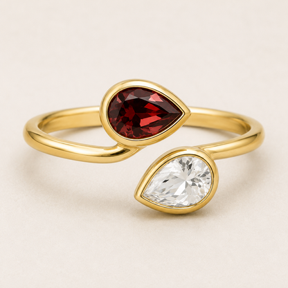 Garnet and Crystal Ring, 925 Sterling Silver Pear Cut Gemstone Ring, Two Stone Bypass Ring, January Birthstone Gift for Her