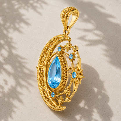 Moon Star Blue Topaz Pendant, 14K 18K 20K Gold Pendant, Celestial Gold Necklace, Pear Blue Gemstone Pendant, Gift For Her