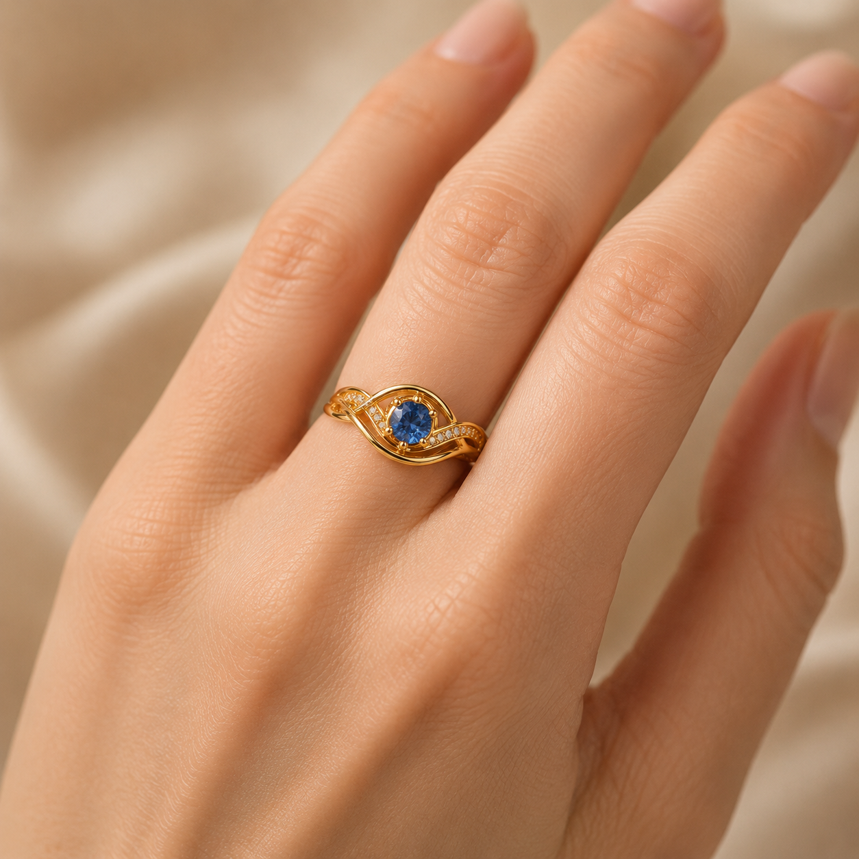 Blue Sapphire Diamond Ring, 14K 18K 20K Gold Ring, Round Sapphire Engagement Ring, Diamond Side Stone Ring, Gift For Her