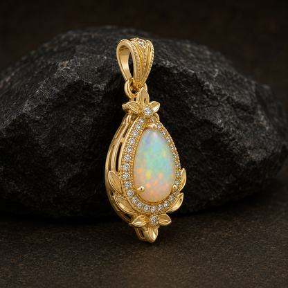 Pear Opal Pendant, 14K 18K 20K Gold Pendant, Opal Gemstone Necklace, Vintage Gold Pendant, October Birthstone Gift For Her