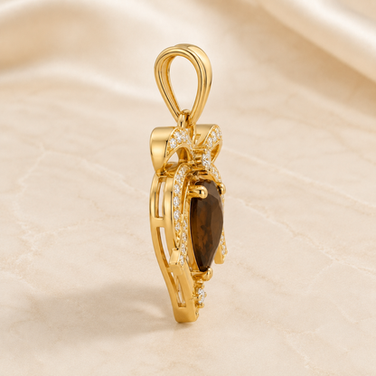 Heart Smoky Quartz Pendant, 14K 18K 20K Gold Pendant, Bow Design Gold Necklace, Brown Gemstone Pendant, Romantic Gift For Her