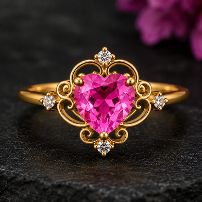 Heart Pink Tourmaline Ring, 14K 18K 20K Gold Ring, Pink Gemstone Ring, Vintage Heart Ring, Romantic Promise Ring, Gift For Her