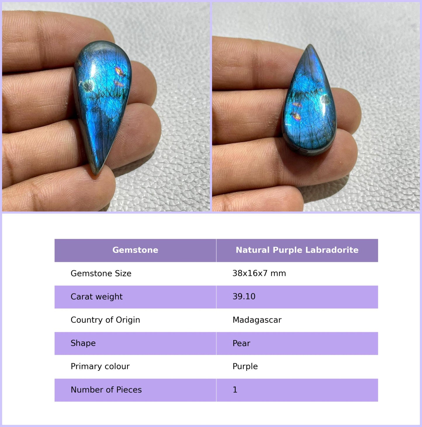 Natural Purple Labradorite Pear Cabochon, Wire Wrap Gemstone