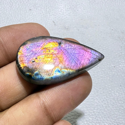 Purple Labradorite Pear Cabochon, Flashy Madagascar Gemstone (39x22x5 MM)