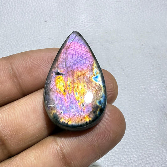 Purple Labradorite Pear Cabochon, Flashy Madagascar Gemstone (39x22x5 MM)