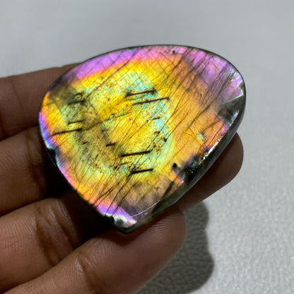 Natural Multicolor Labradorite Pear Cabochon, - 53x51x5 MM, - 109.90 Cts, Jewelry Making Gemstone