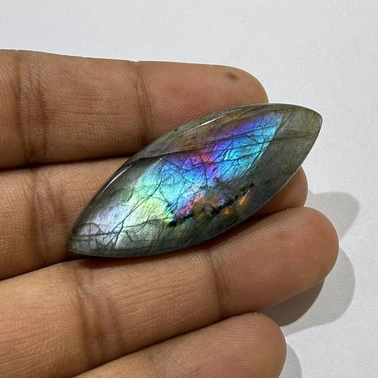 Natural Labradorite Marquise Cabochon, Flashy Purple Blue Labradorite Gemstone, for Jewelry Making, Healing Crystal (46.5x18x5 mm,35.6 cts )